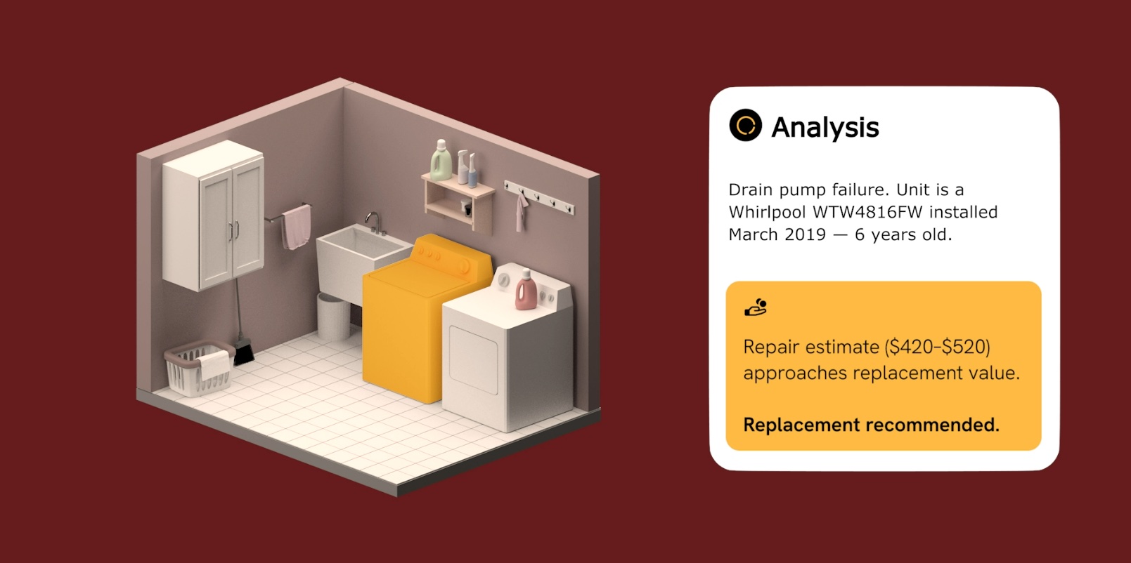 Mason diagnosing a laundry room drain pump failure and recommending replacement over repair